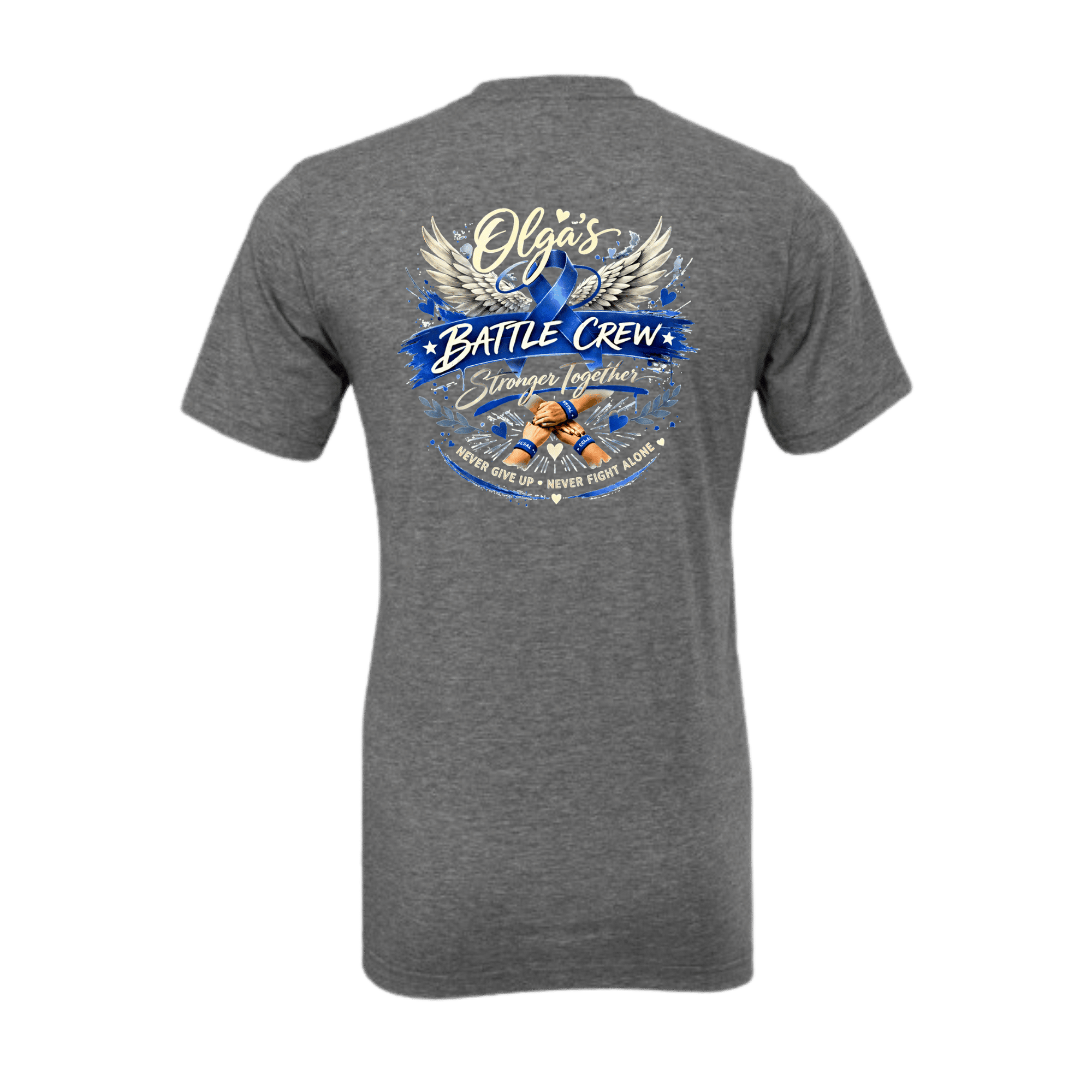 Gray t-shirt with 'Olga's Battle Crew' design on a transparent background