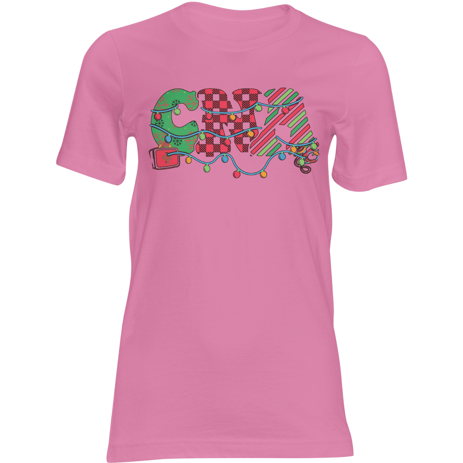 Pink CNA Christmas T Shirt featuring festive colorful CNA lettering with holiday lights.