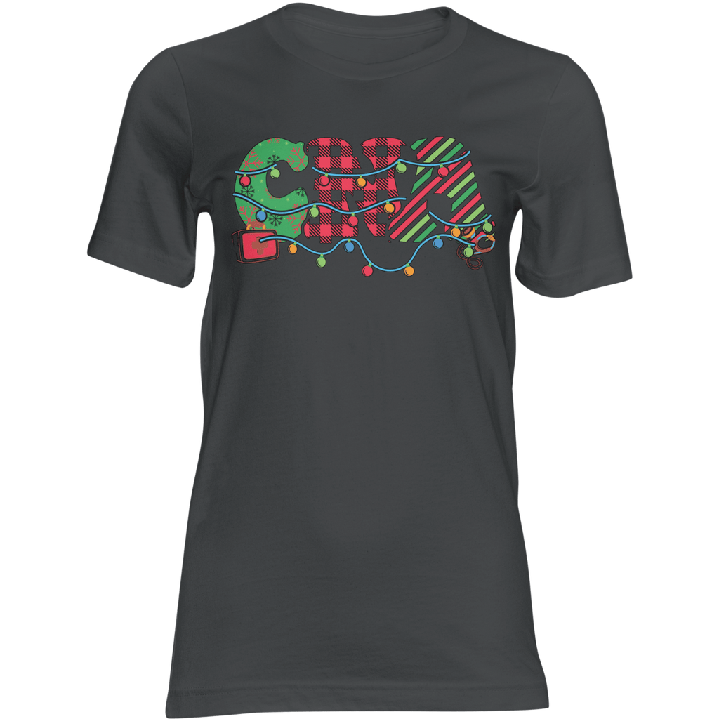 CNA Christmas T-shirt with colorful holiday lights around the CNA letters on a dark gray shirt