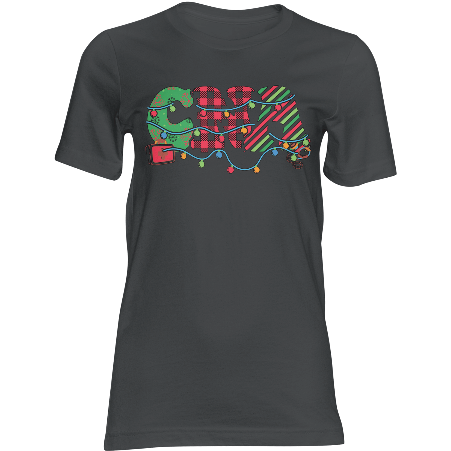 CNA Christmas T-shirt with colorful holiday lights around the CNA letters on a dark gray shirt