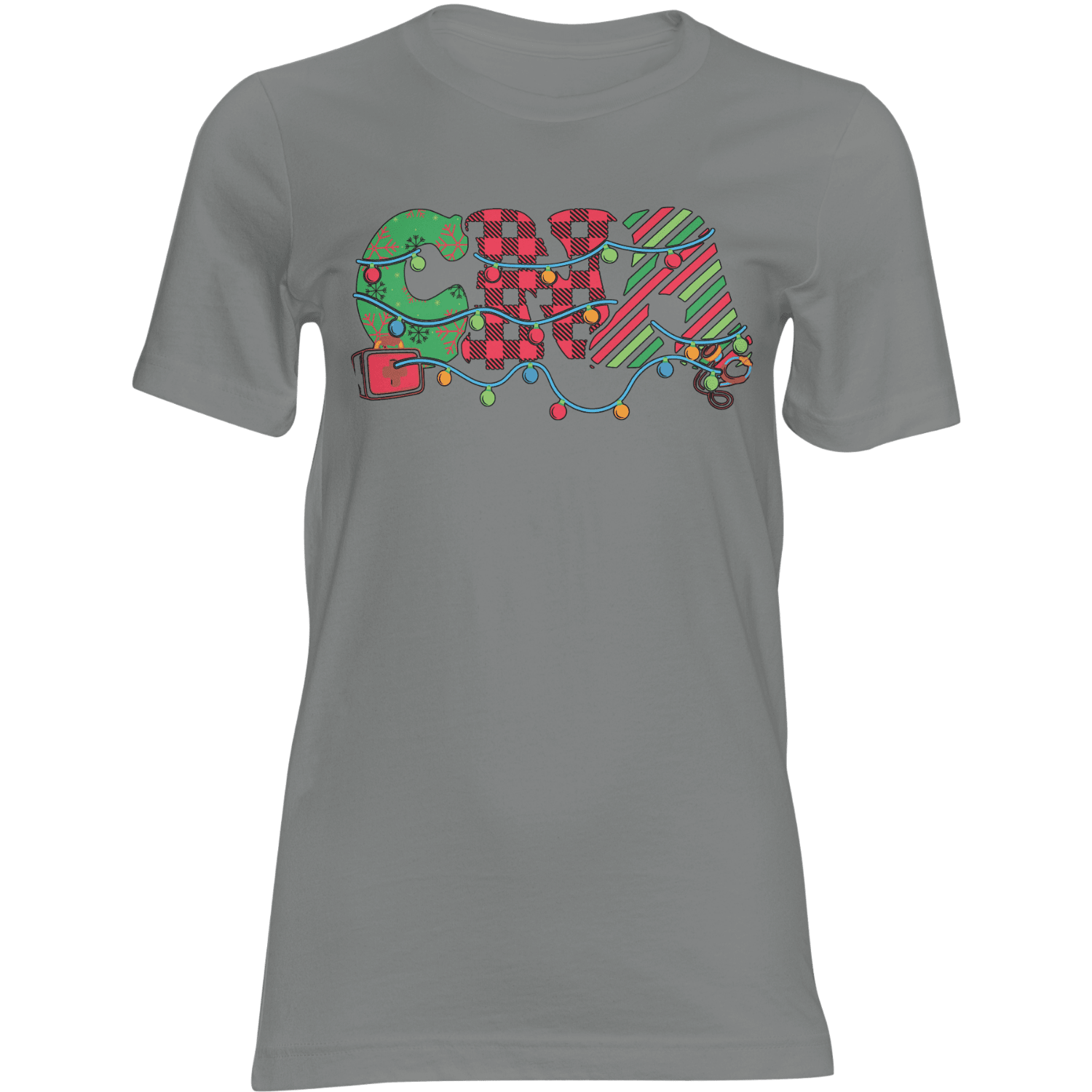 Grey CNA Christmas T-shirt featuring colorful holiday lights on the CNA lettering.