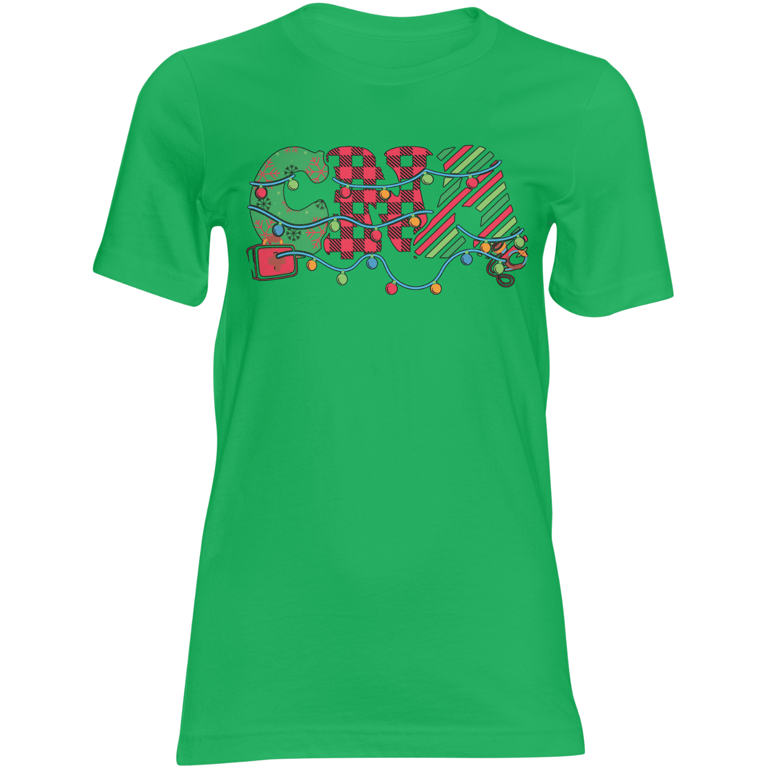 Green CNA Christmas T-shirt with festive lights around plaid CNA lettering.