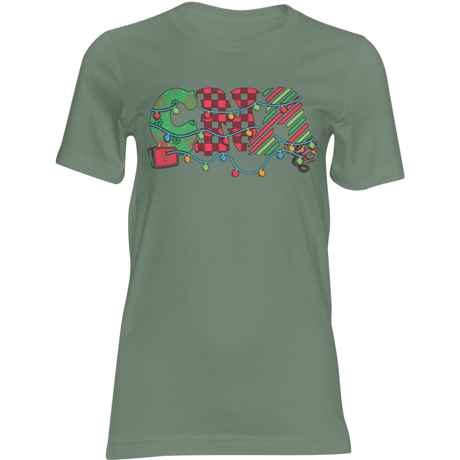 Green CNA Christmas T-shirt with festive string lights and plaid lettering.