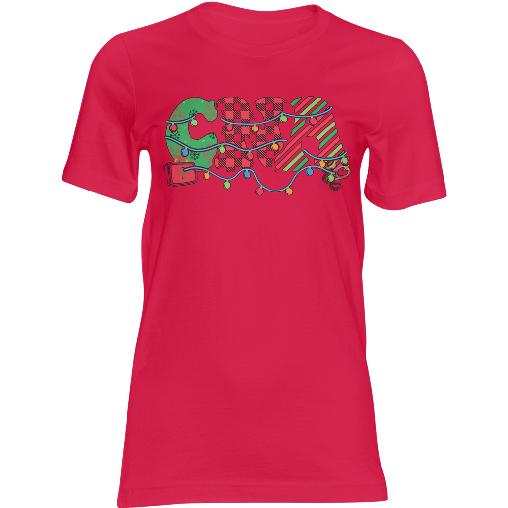 Pink CNA Christmas T-shirt with decorative 'CNA' letters and colorful holiday lights.