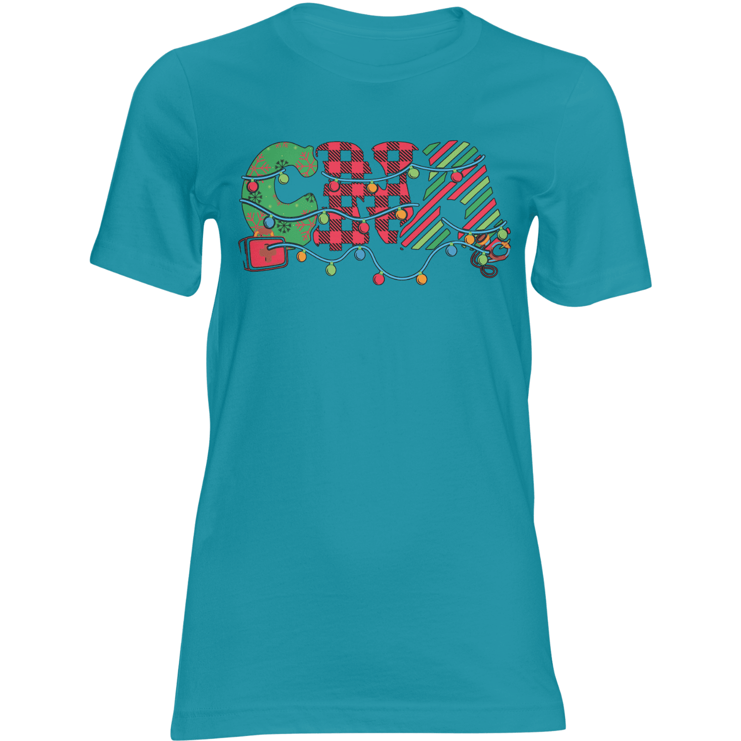 Turquoise CNA Christmas T‑Shirt with colorful, patterned 'CNA' letters and holiday string lights.
