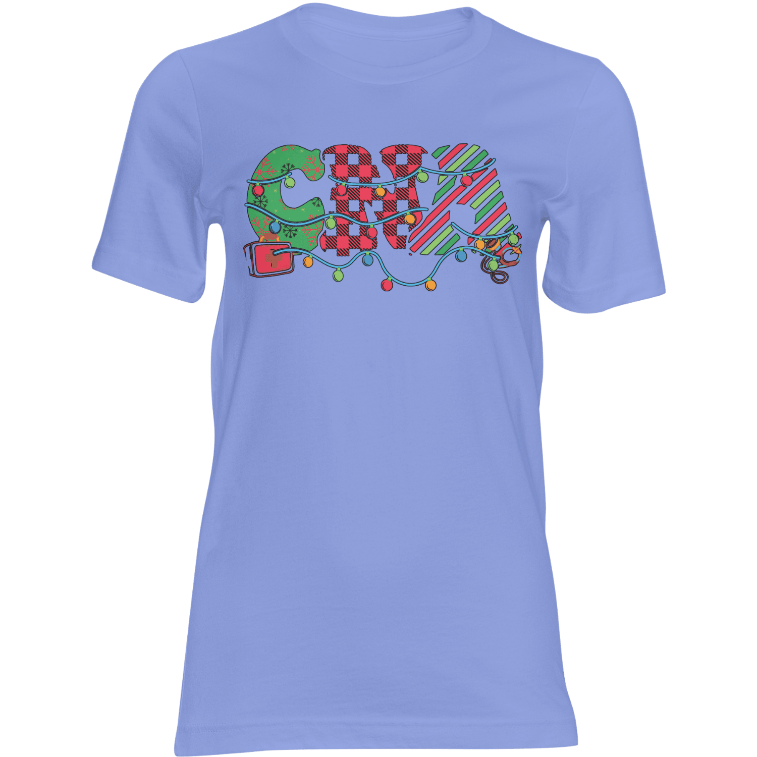 CNA Christmas T-shirt in lavender with festive plaid, striped lettering, and string lights.