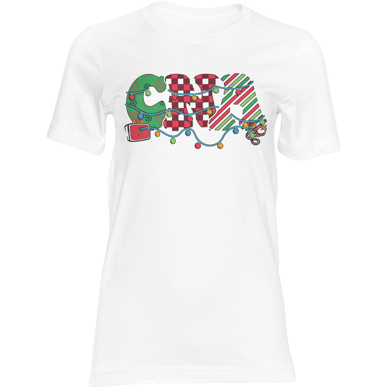 White T-shirt with a festive CNA graphic and Christmas lights for certified nursing assistants.