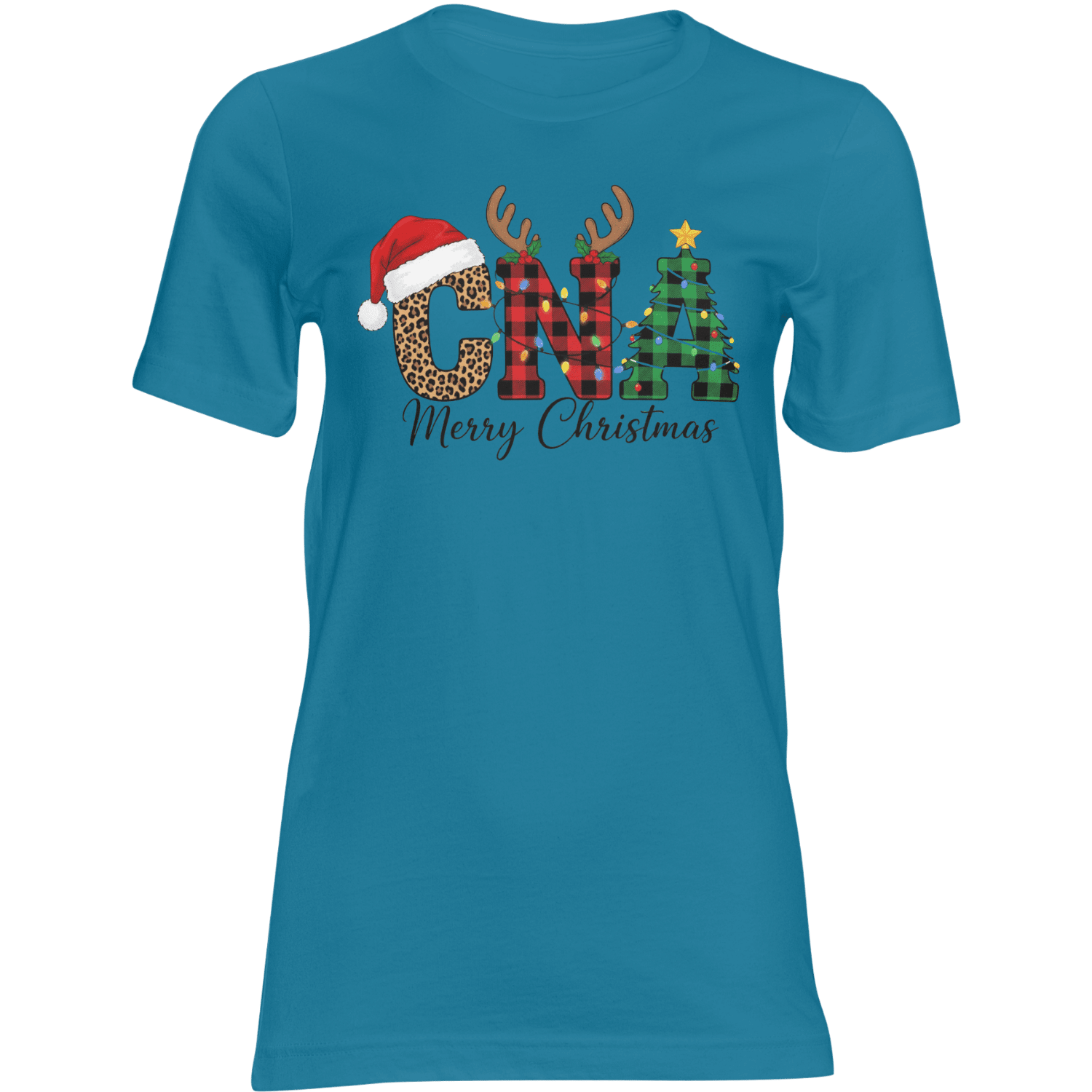 CNA Christmas T Shirt: leopard C with Santa hat, antlered N, plaid A with Christmas lights, Merry Christmas script