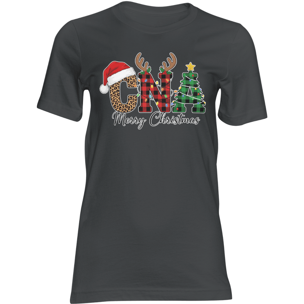 CNA Christmas T-Shirt: leopard C with Santa hat, plaid N, A-shaped Christmas tree, and Merry Christmas script.