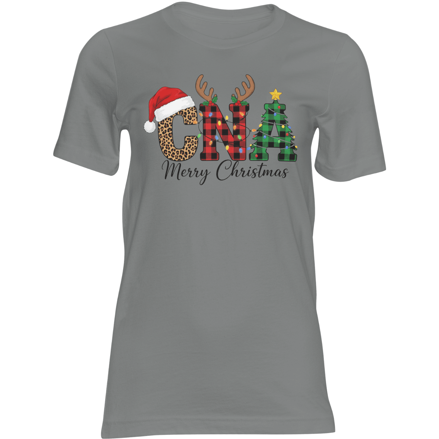 CNA Christmas unisex graphic tee with leopard print C, plaid N and A, Santa hat, antlers, tree, Merry Christmas