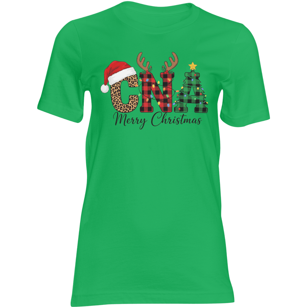 CNA Christmas T-Shirt unisex green holiday tee with leopard C, antlered N, plaid A Christmas tree and Merry Christmas.