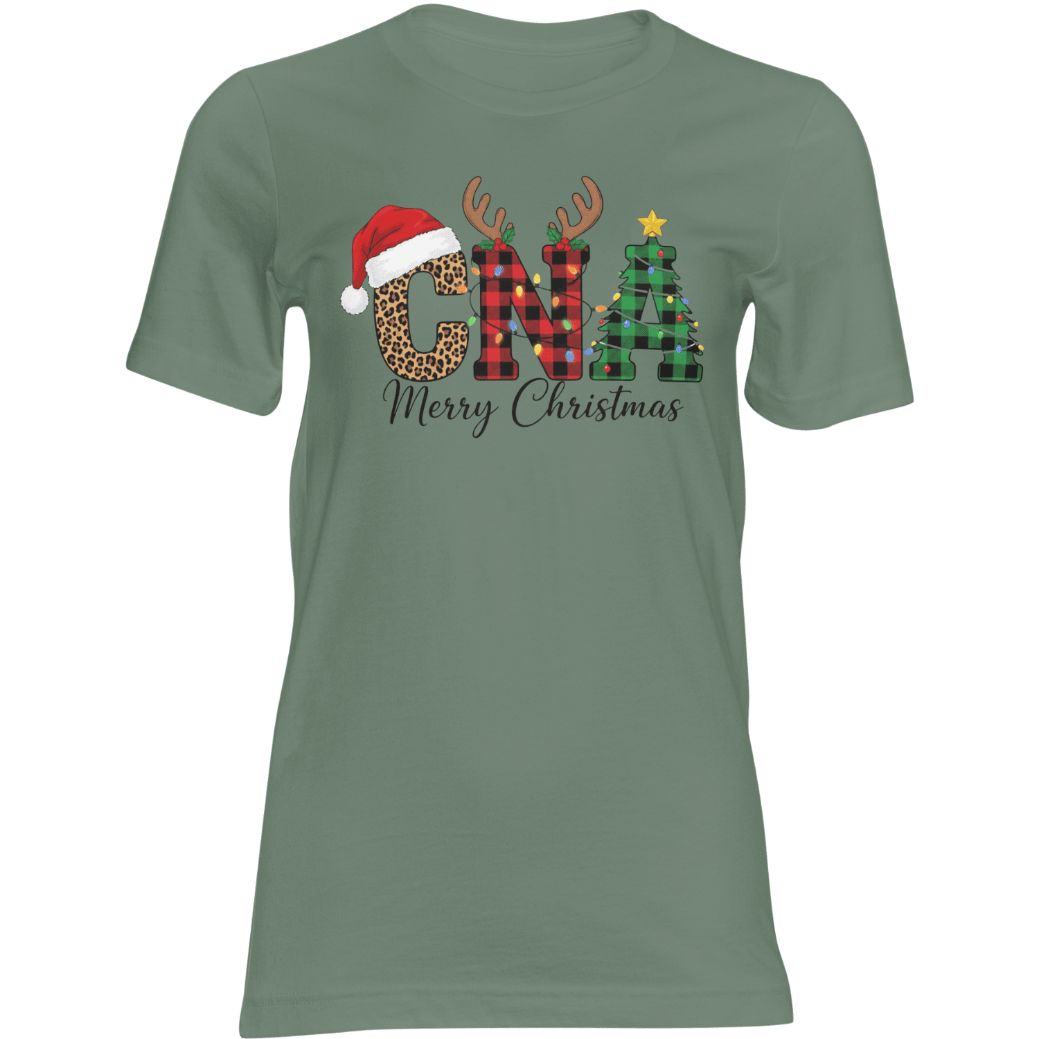 CNA Christmas T Shirt Unisex Graphic Holiday Tee with leopard C, plaid N, Christmas tree A, Santa hat Merry Christmas