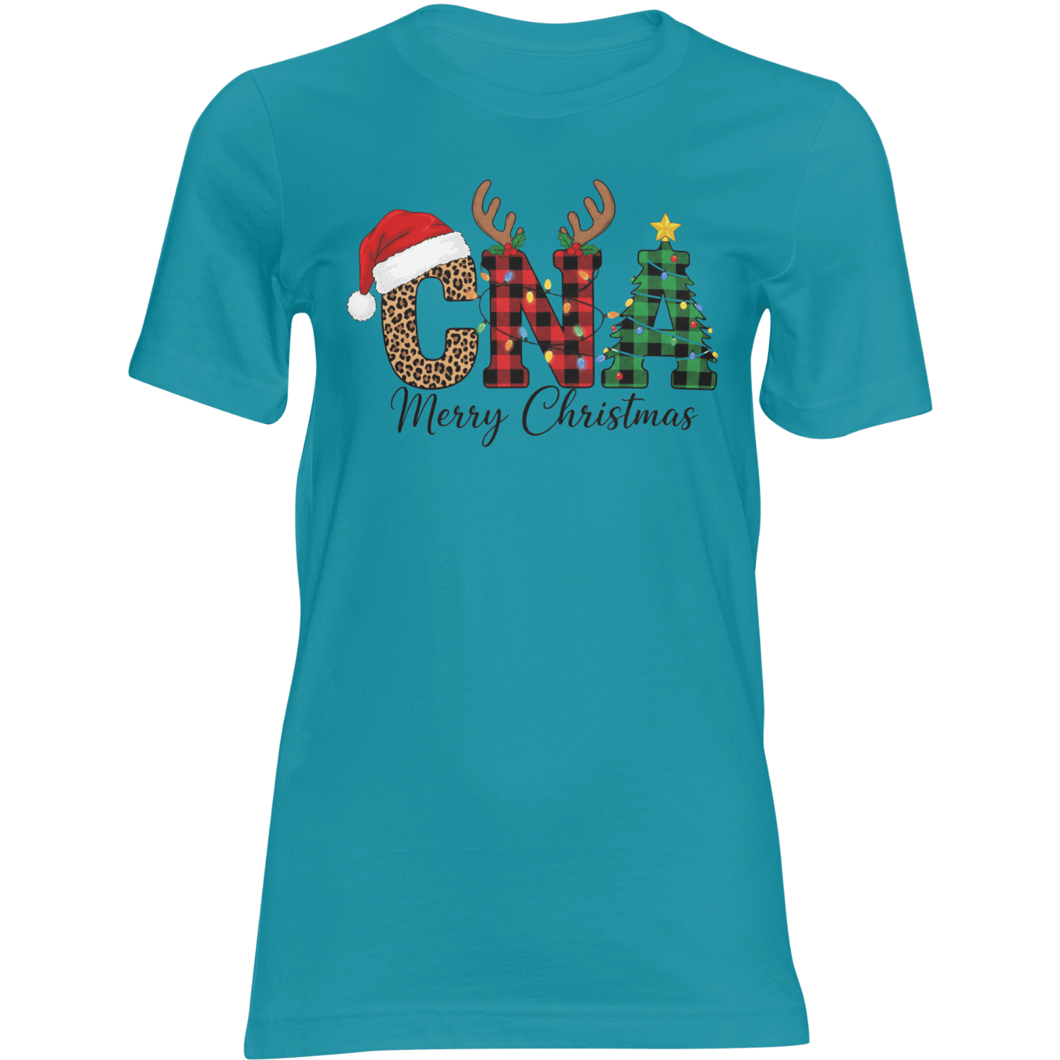 CNA Christmas T-Shirt: leopard C with Santa hat, plaid N with antlers, plaid A tree, Merry Christmas.