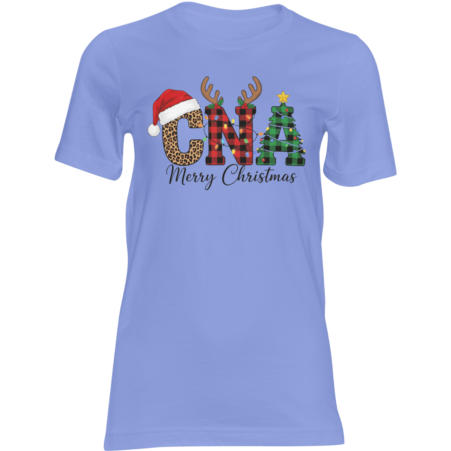 CNA Christmas unisex tee: leopard C with Santa hat, plaid N with lights, green plaid Christmas tree A, Merry Christmas.