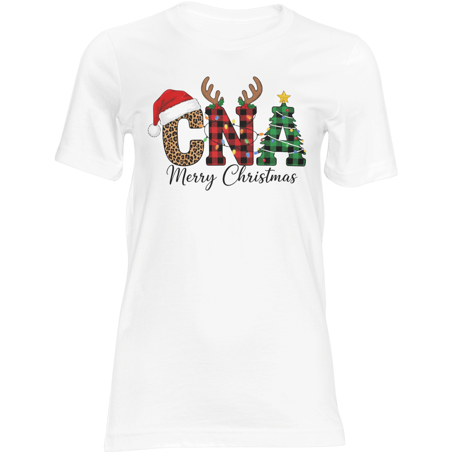 CNA Christmas T-shirt with leopard-print C wearing a Santa hat, plaid N, Christmas tree A, and Merry Christmas text
