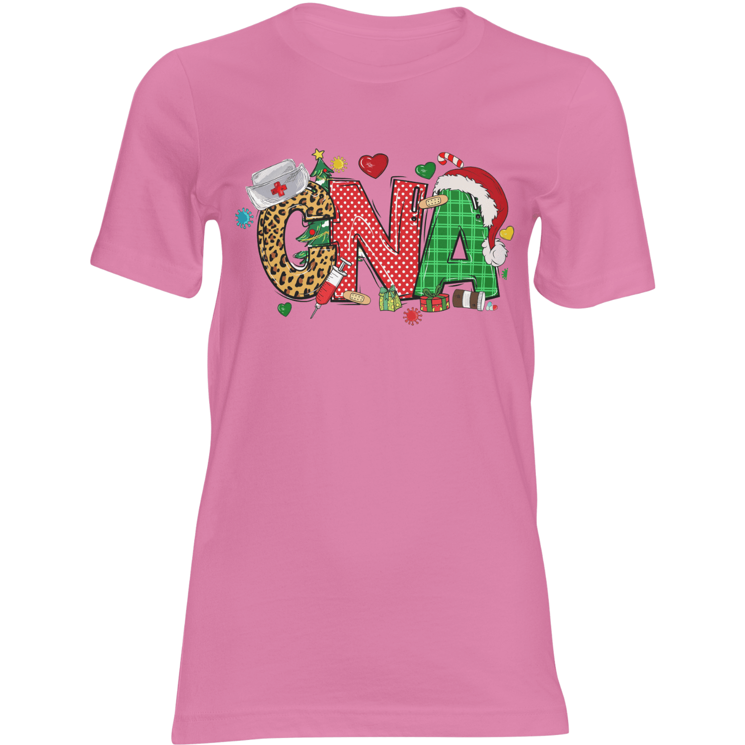 CNA Christmas T-Shirt on pink tee with leopard-print, plaid letters, Santa hat, gifts.