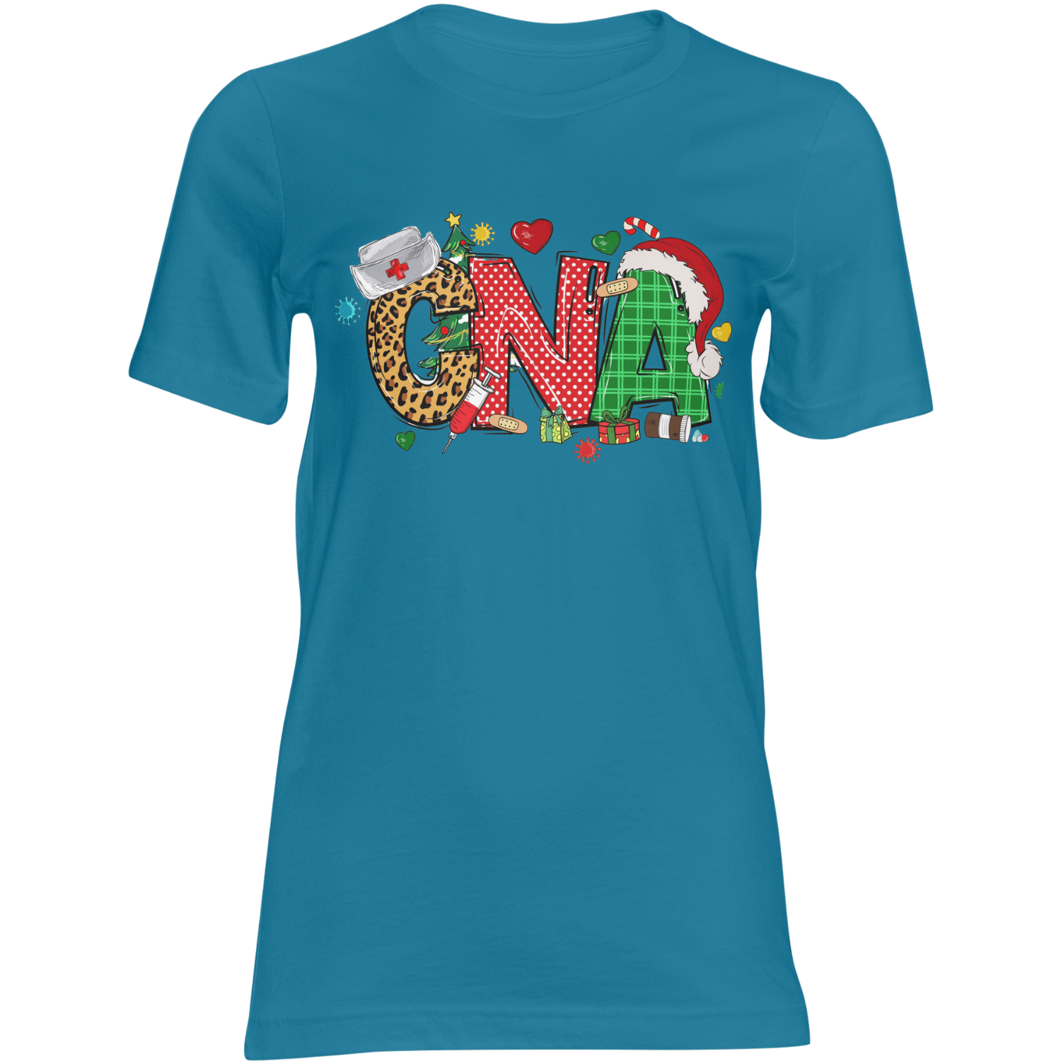 Blue CNA Christmas T‑Shirt with bold festive print and Santa hat.
