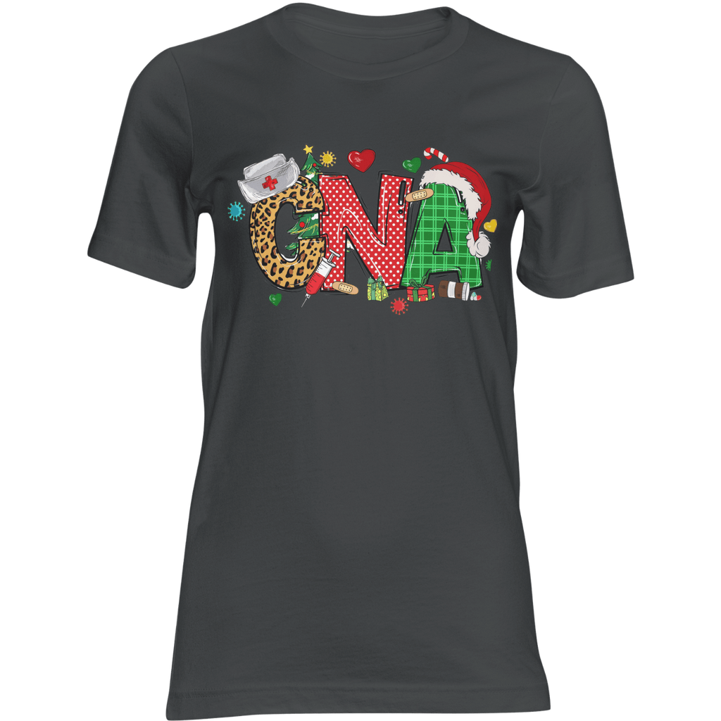 CNA Christmas T-Shirt with festive leopard and plaid letters, Santa hat, unisex comfy cotton tee.