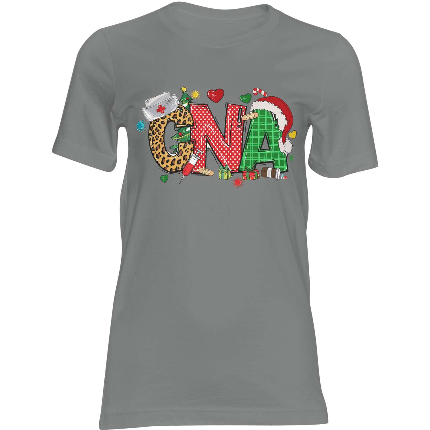 CNA Christmas T‑Shirt with leopard C, red polka N, green plaid A and Santa hat on festive decor.