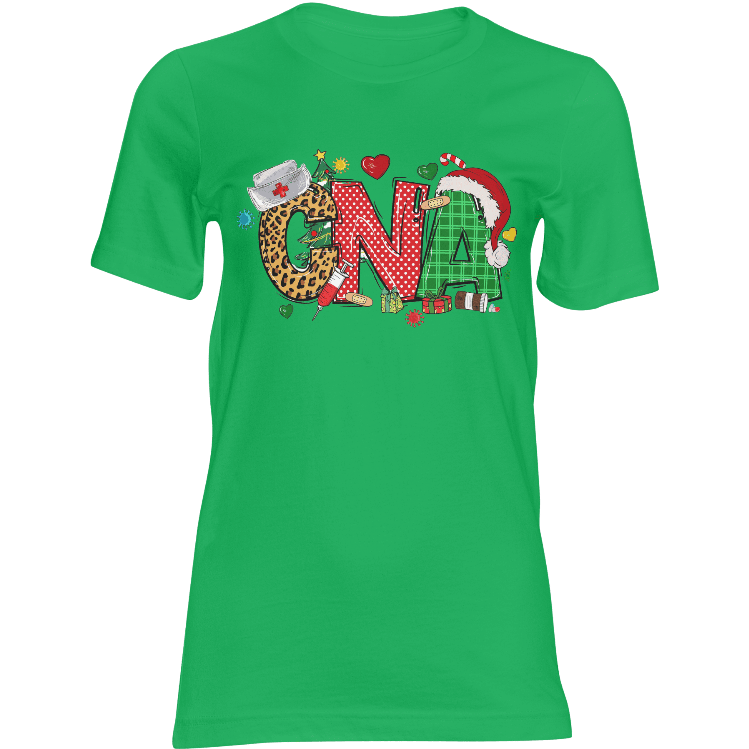 Green CNA Christmas T-shirt with leopard-print G, plaid A, red polka-dot N, and Santa hat.