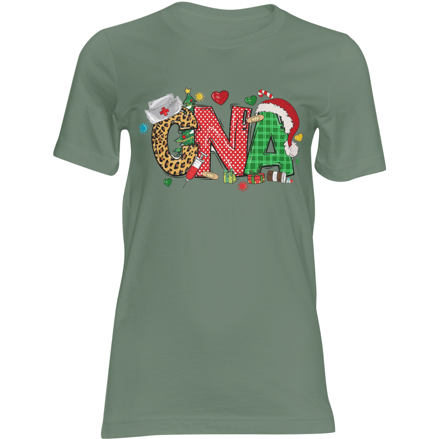Festive CNA Christmas T-Shirt on olive green with leopard C, red N, green plaid A and Santa hat.