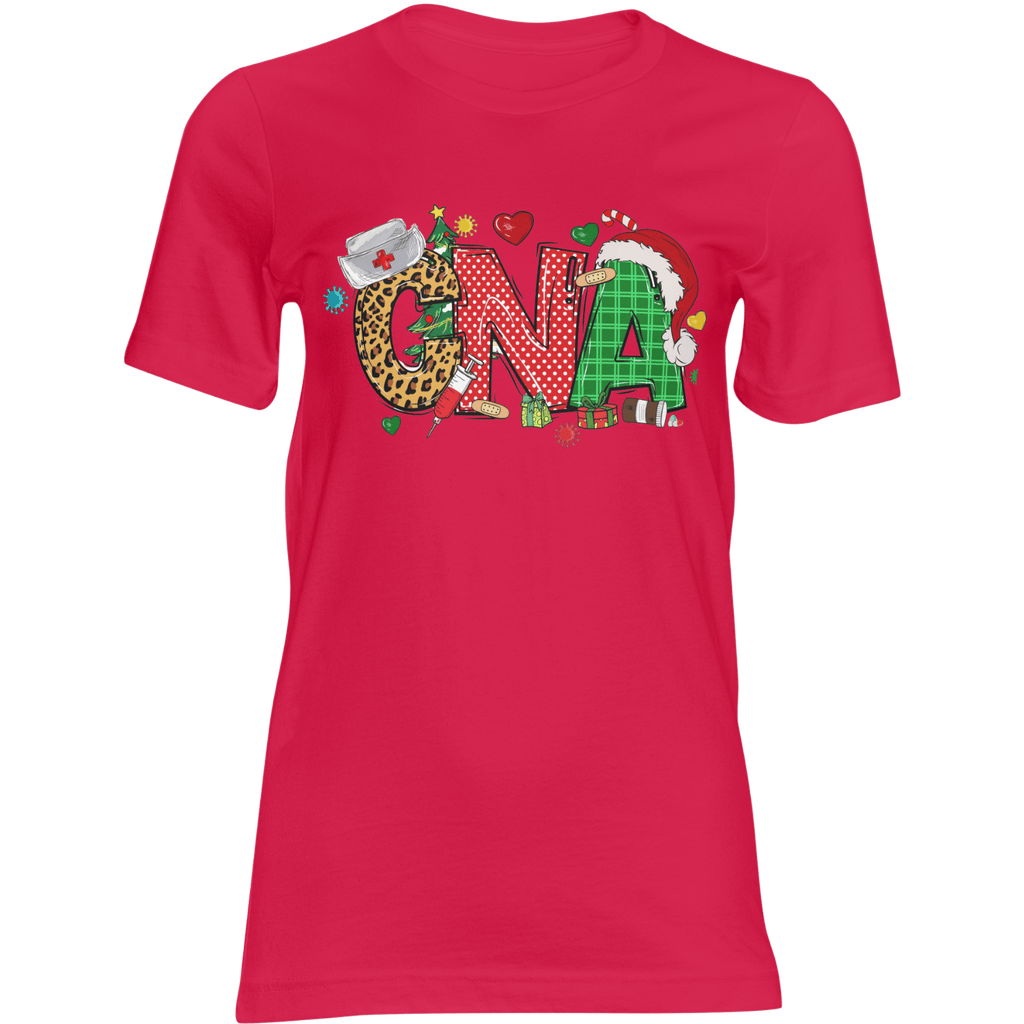 CNA Christmas T shirt on pink: bold C-N-A letters in leopard, polka dot, plaid, with Santa hat; festive holiday tee.