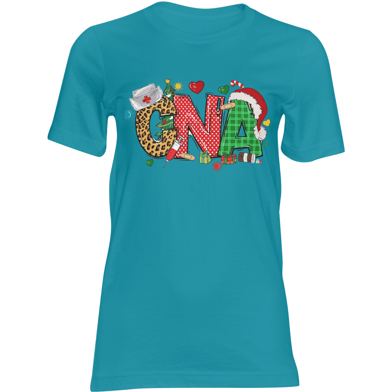 Unisex CNA Christmas cotton T-shirt with festive letters CNA in leopard print, red polka dots, green plaid, Santa hat