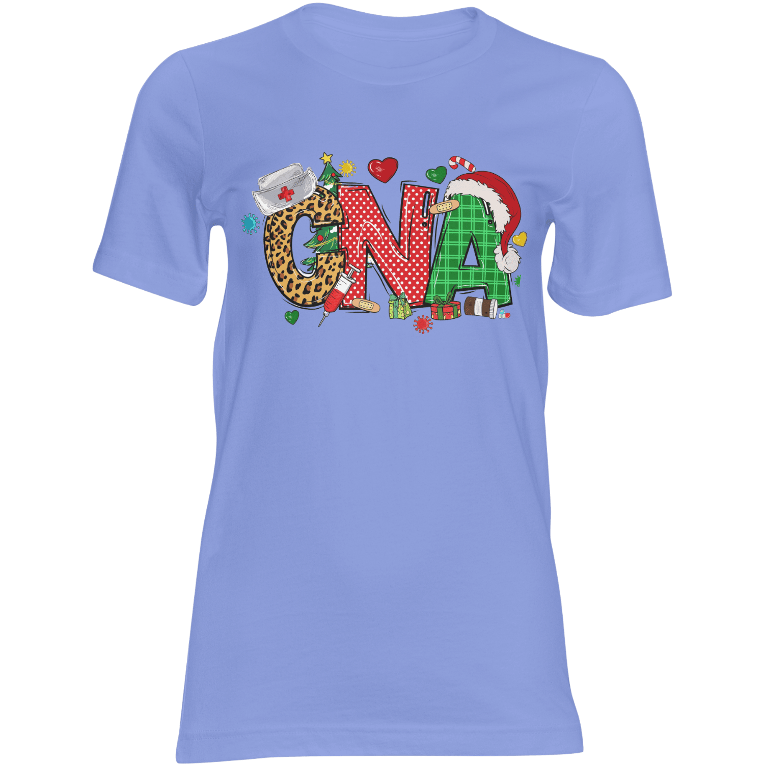 CNA Christmas T‑Shirt with festive print on lavender cotton tee, featuring leopard C, plaid N, and Santa hat A.