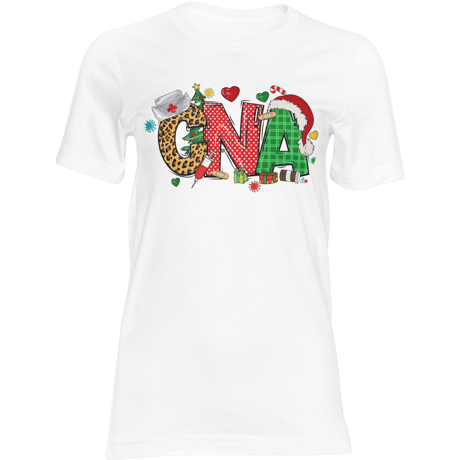 CNA Christmas T-Shirt with leopard-print C, red-dotted N, green plaid A wearing Santa hat, festive holiday design.