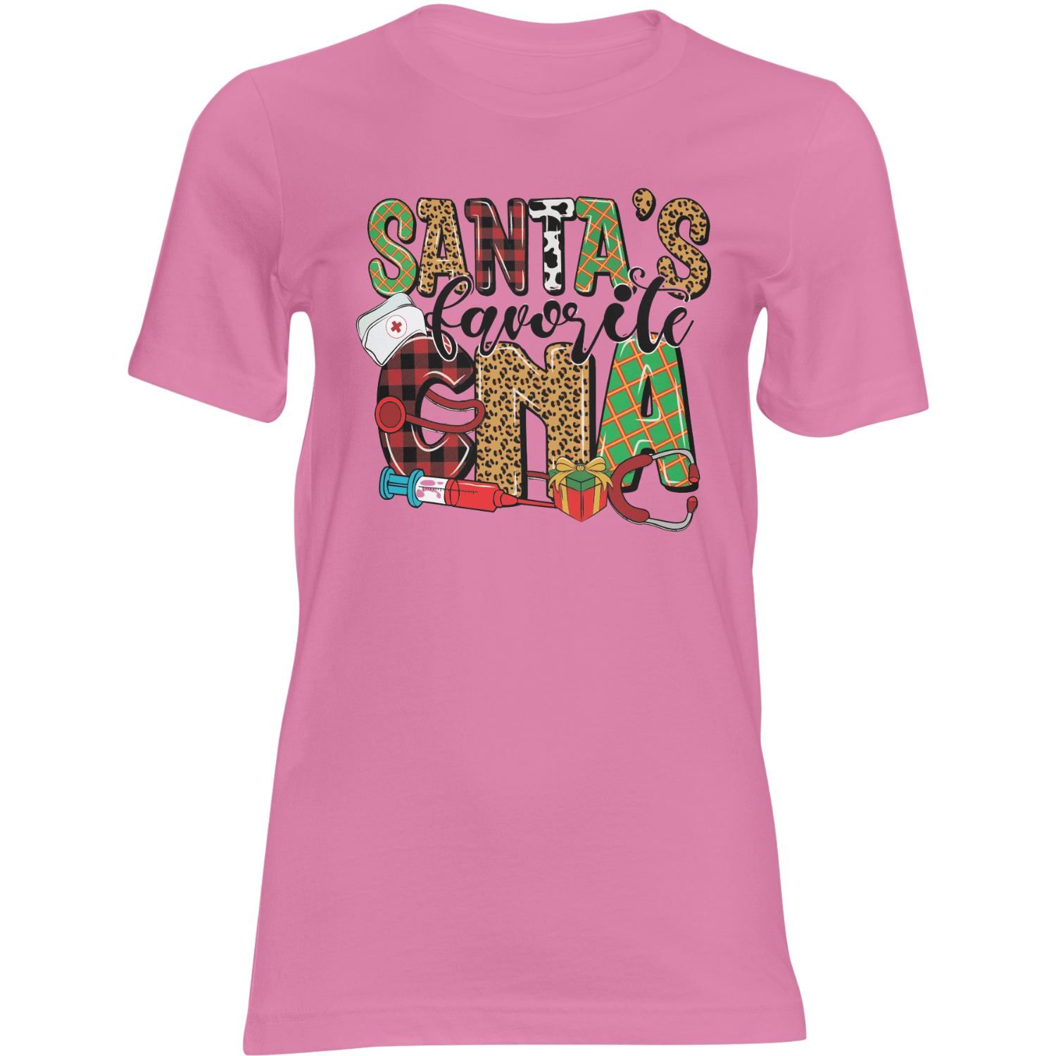 CNA Christmas T‑Shirt for nurses with festive leopard N, nursing cap, syringe, stethoscope and gifts.
