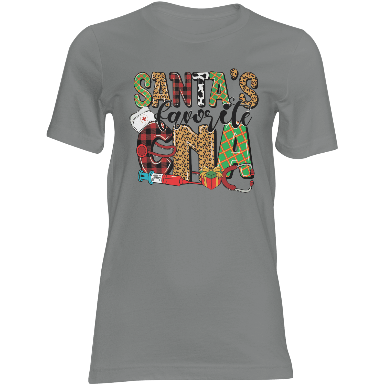 CNA Christmas T‑Shirt for Certified Nursing Assistants featuring a festive nurse design with stethoscope and gifts.