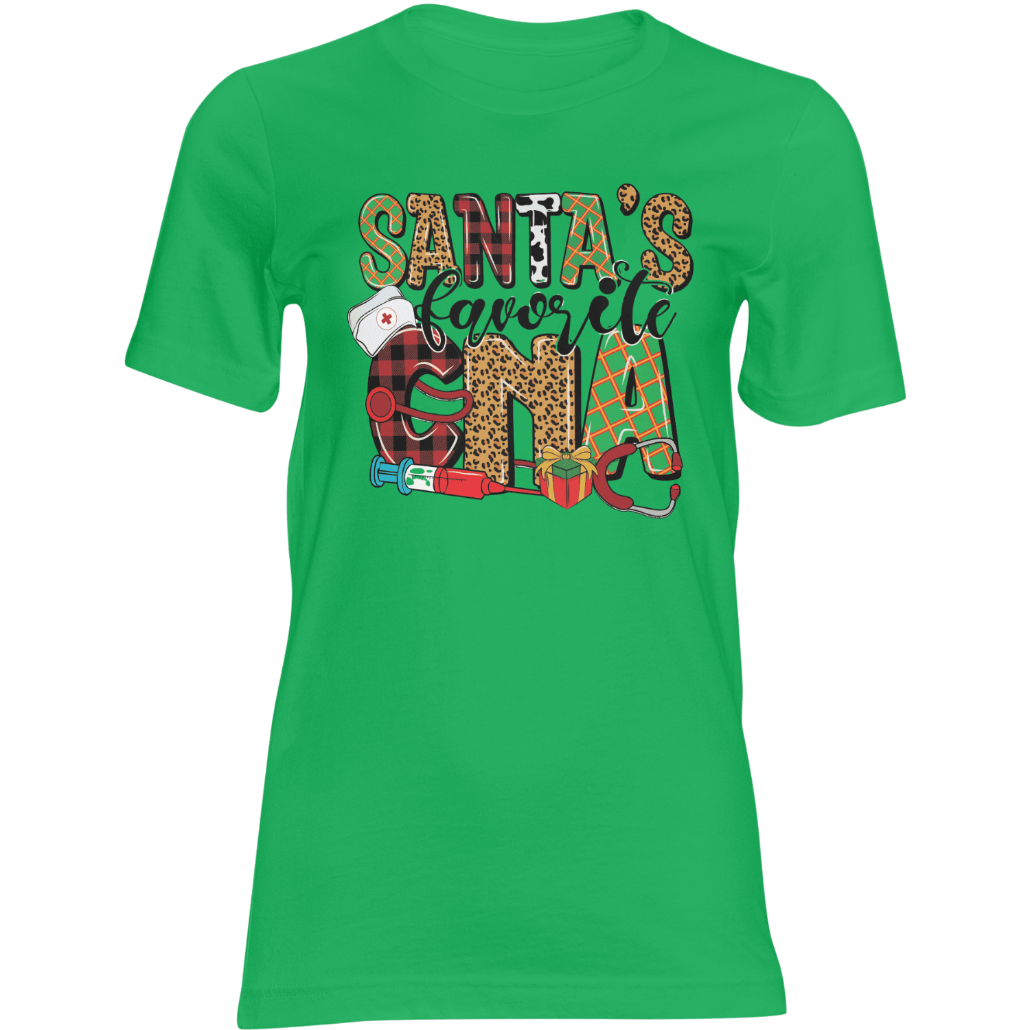 Green CNA Christmas T-shirt featuring Santa's Favorite CNA with nurse hat, stethoscope, syringe and gifts.