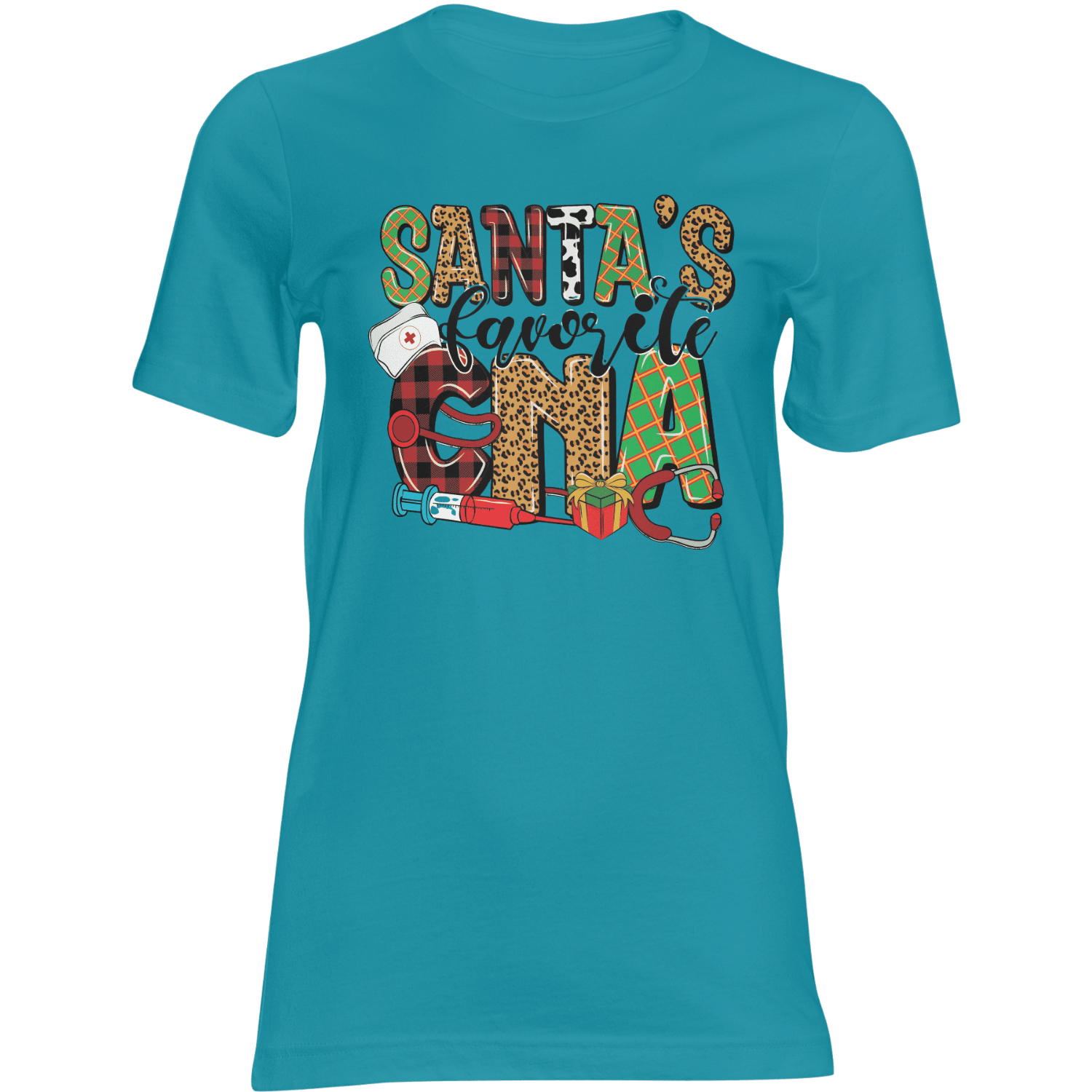 CNA Christmas T-shirt: Santa's Favorite CNA with nurse hat, stethoscope, syringe, and holiday gifts.