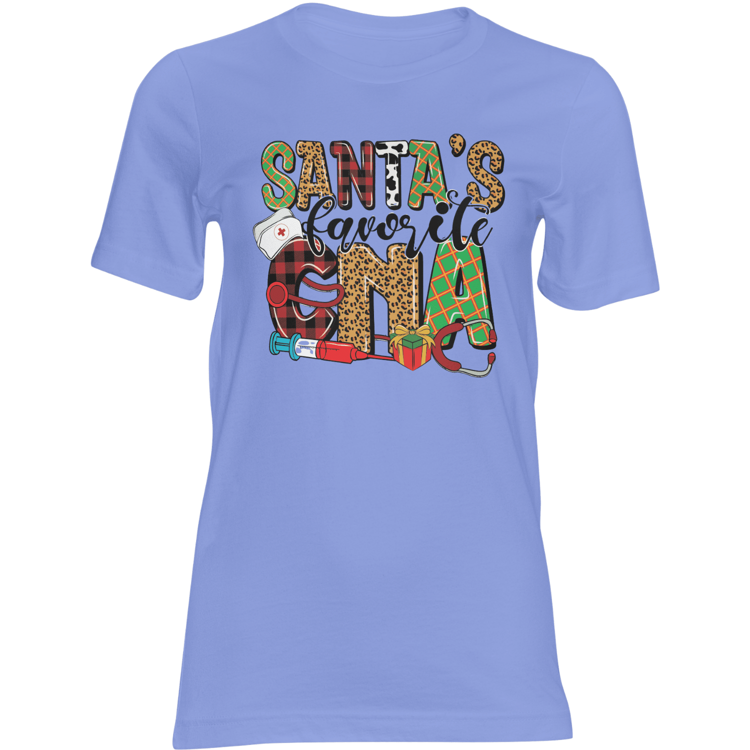 Lavender CNA Christmas T-shirt featuring Santa's Favorite CNA with nurse hat, stethoscope, and gifts.