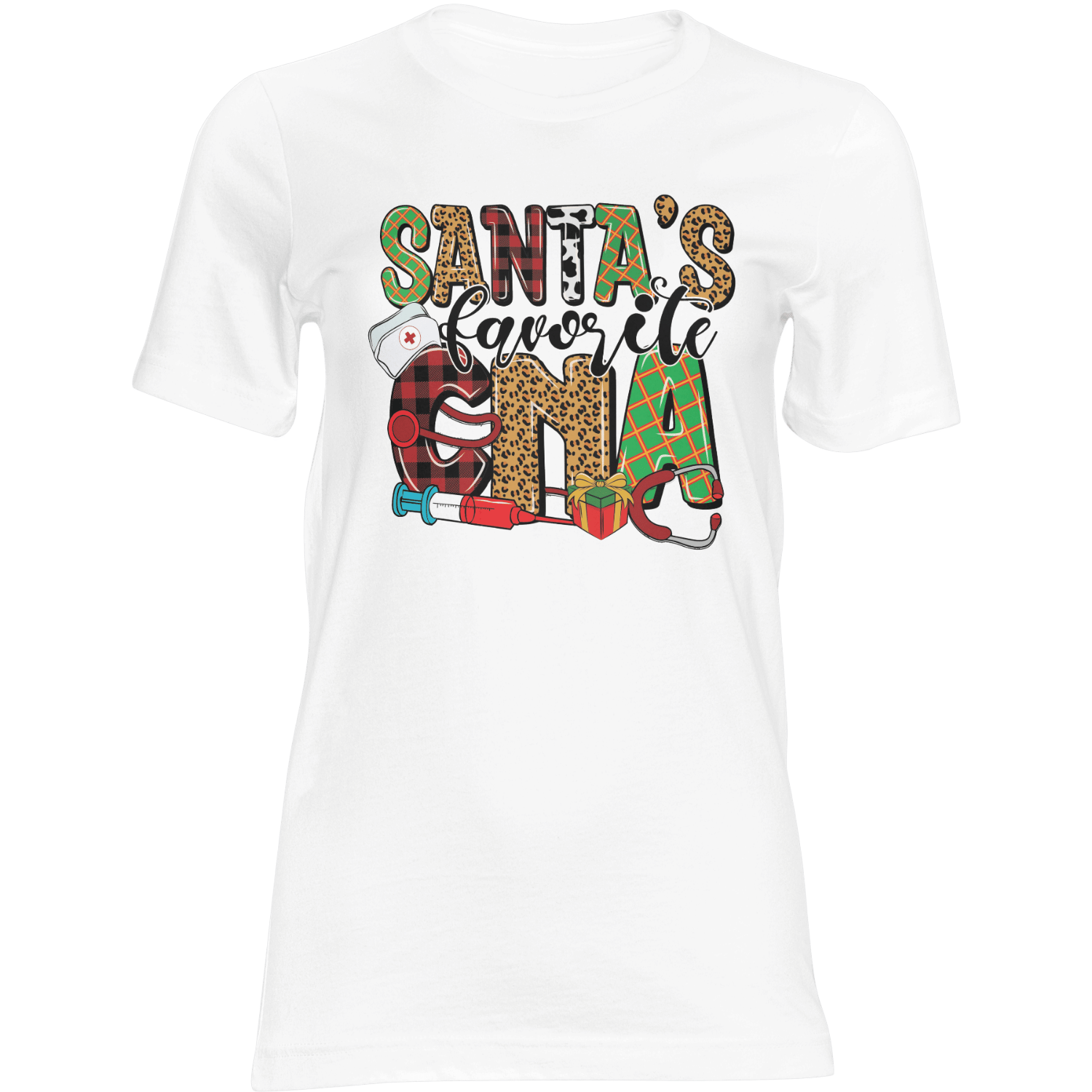 CNA Christmas T-shirt for nurses with Santa-inspired design and medical icons, festive holiday apparel