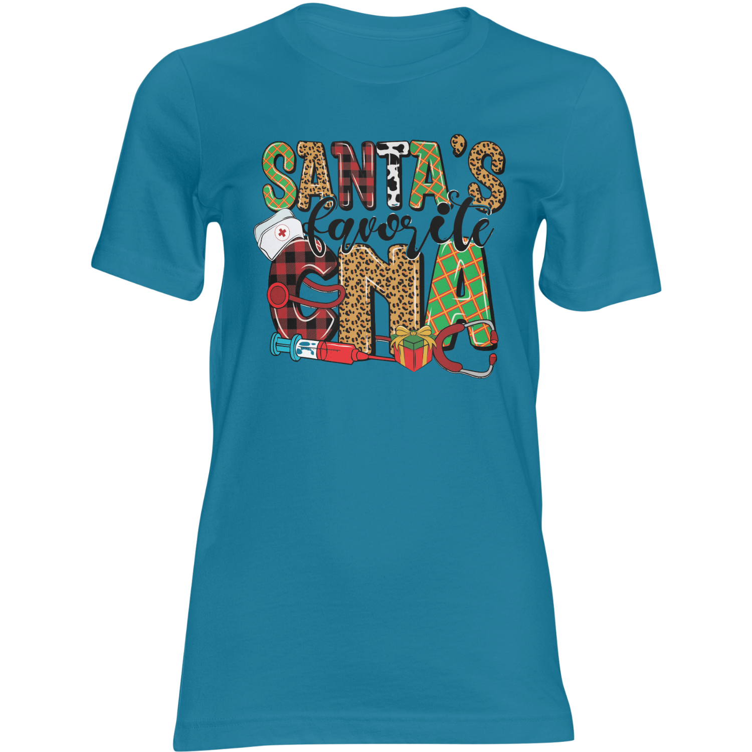 CNA Christmas T-Shirt for nurses gift tee featuring Santa design, leopard-print N, stethoscope and gifts.
