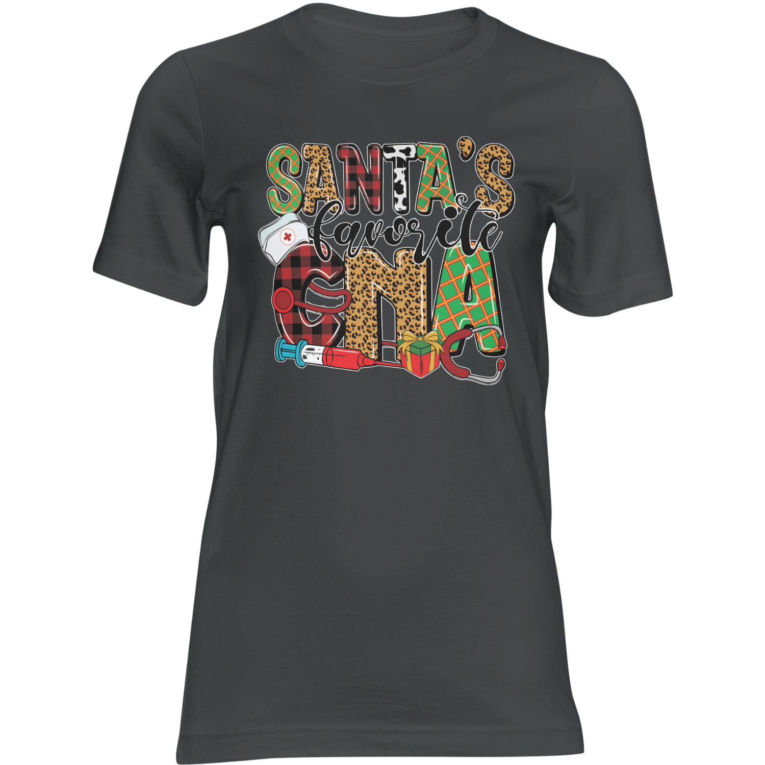 CNA Christmas T-shirt featuring Santa's favorite CNA with medical icons and holiday gifts.