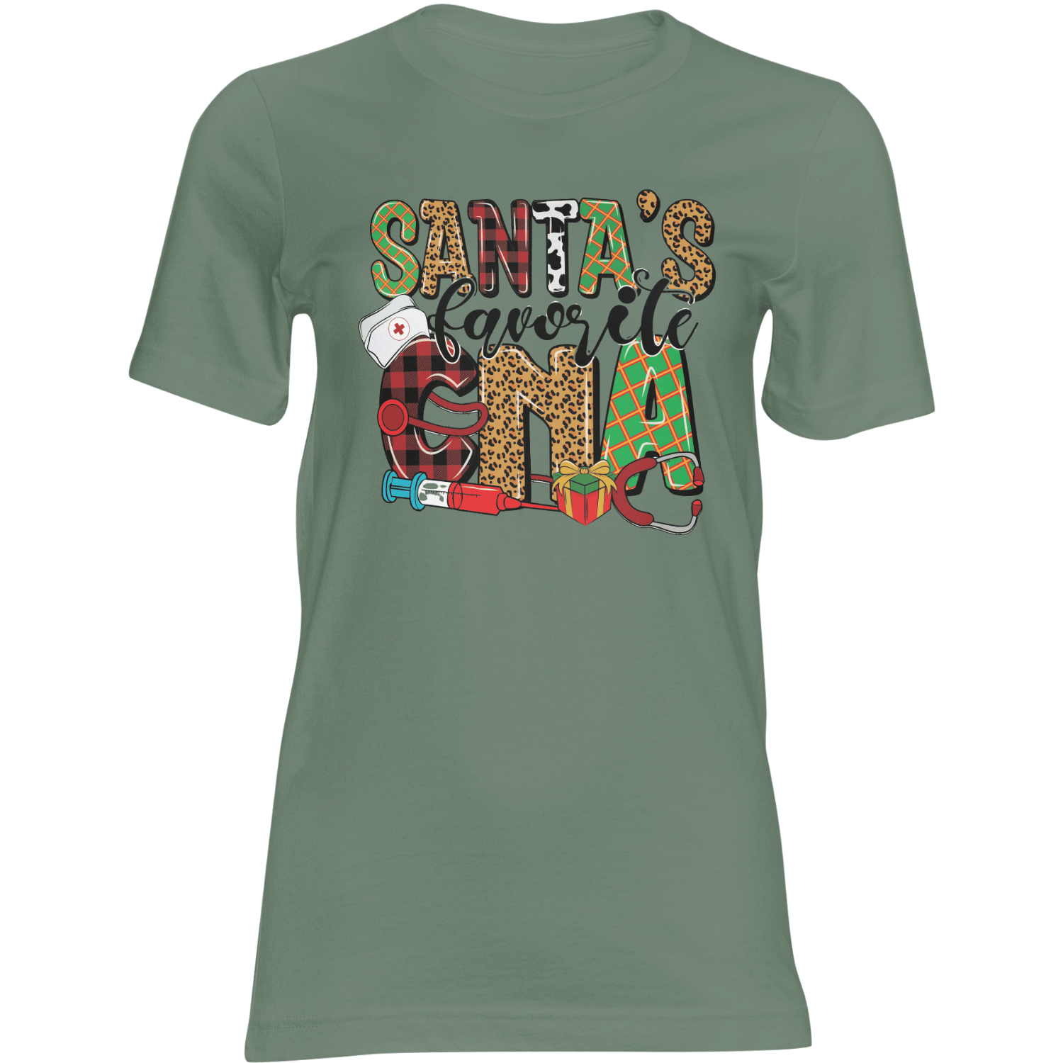 CNA Christmas T-shirt design: Santa's favorite CNA with nurse hat, stethoscope, syringe, gifts on green tee.