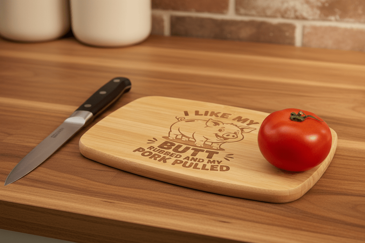 A rectangular wooden cutting board with a humorous engraved message and cartoon pig, styled on a wooden countertop next to a knife and a red tomato.