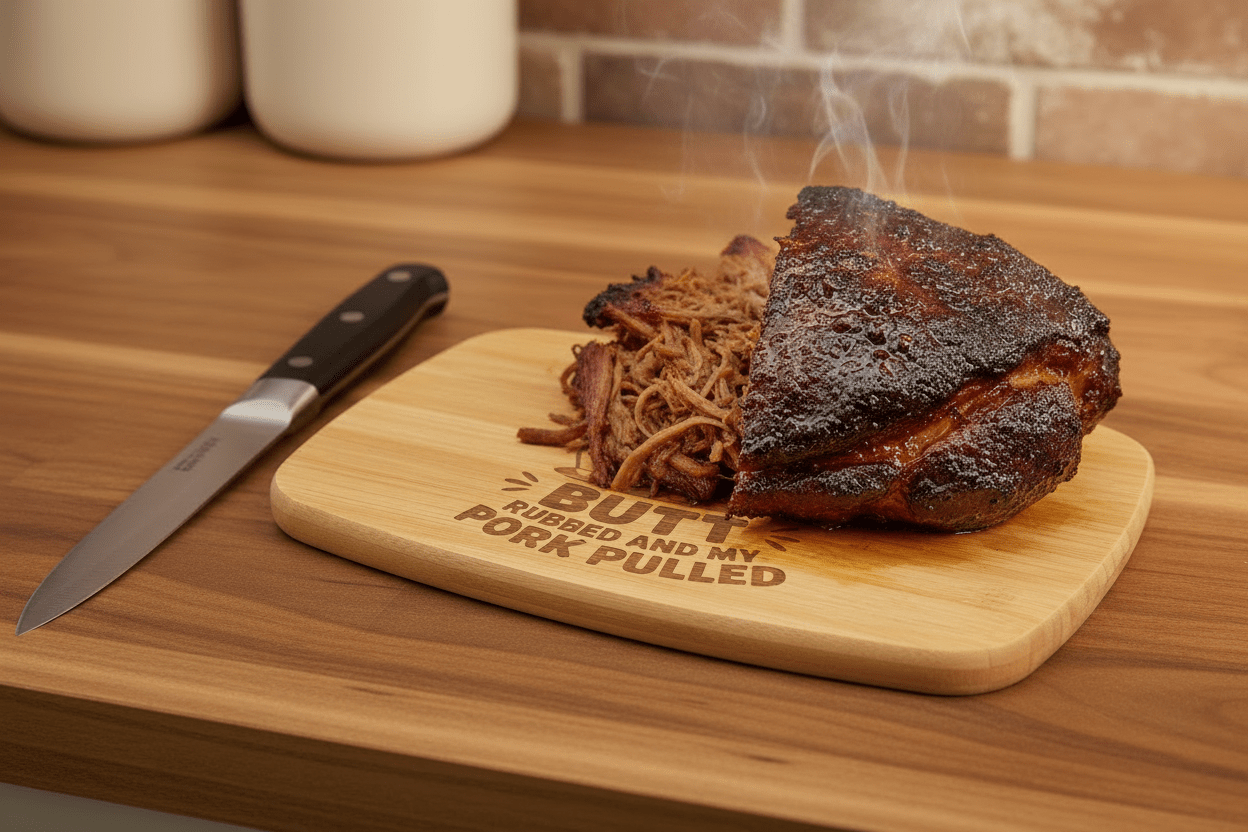 A smoking piece of pulled pork with shredded meat sits on a wooden cutting board engraved with the phrase 'BUTTK RUBBED AND MY PORK PULLED'. A carving knife rests to the left on a wooden countertop, with blurred kitchen jars and a brick backsplash in the background.
