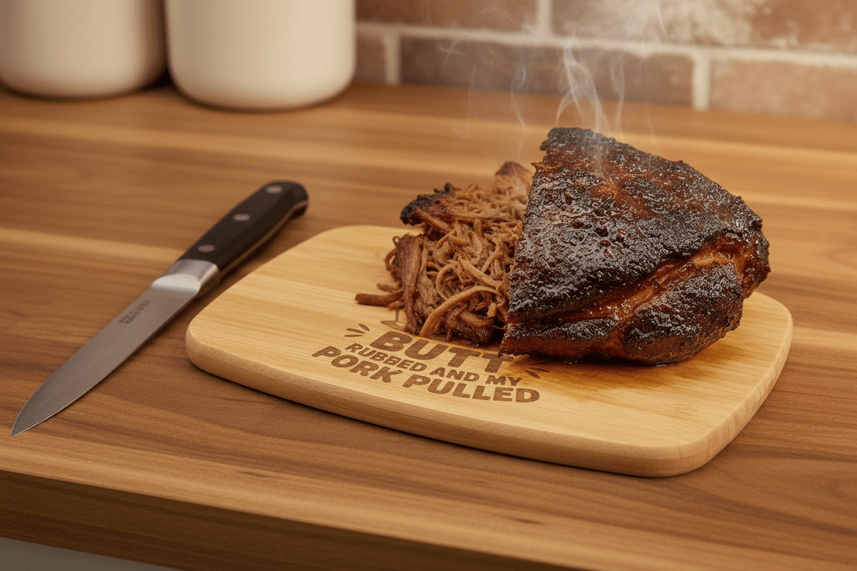 A smoking piece of pulled pork with shredded meat sits on a wooden cutting board engraved with the phrase 'BUTTK RUBBED AND MY PORK PULLED'. A carving knife rests to the left on a wooden countertop, with blurred kitchen jars and a brick backsplash in the background.