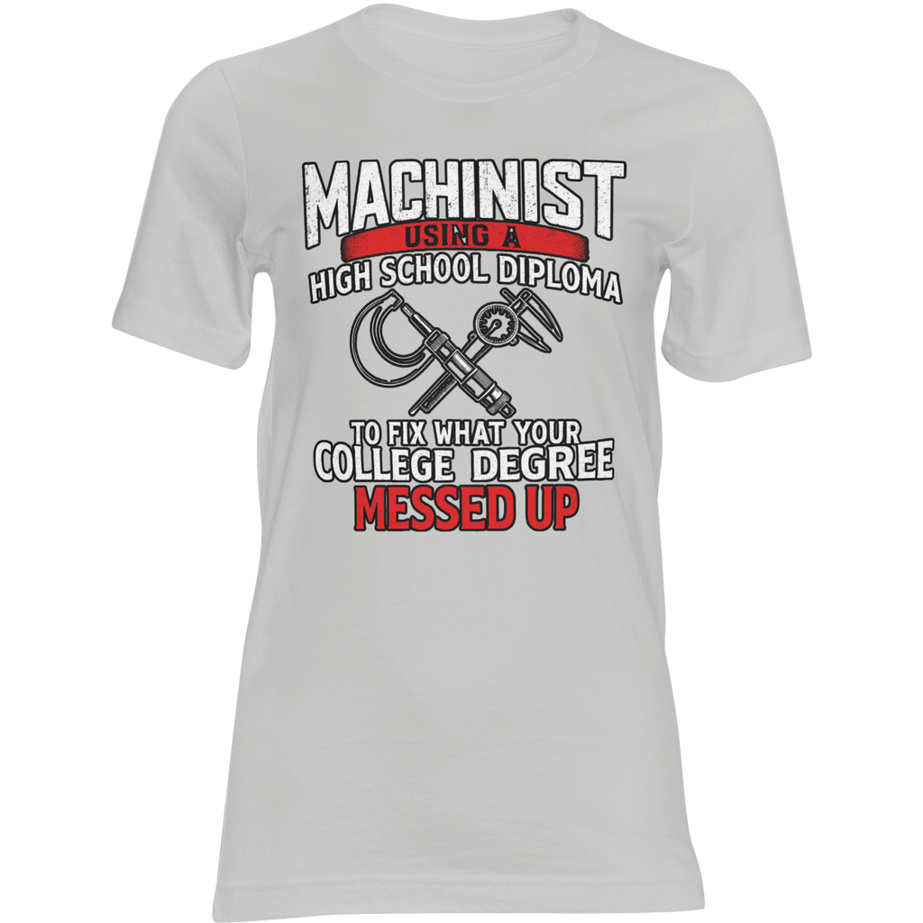 Gray t-shirt with machinist graphic and text on a green background