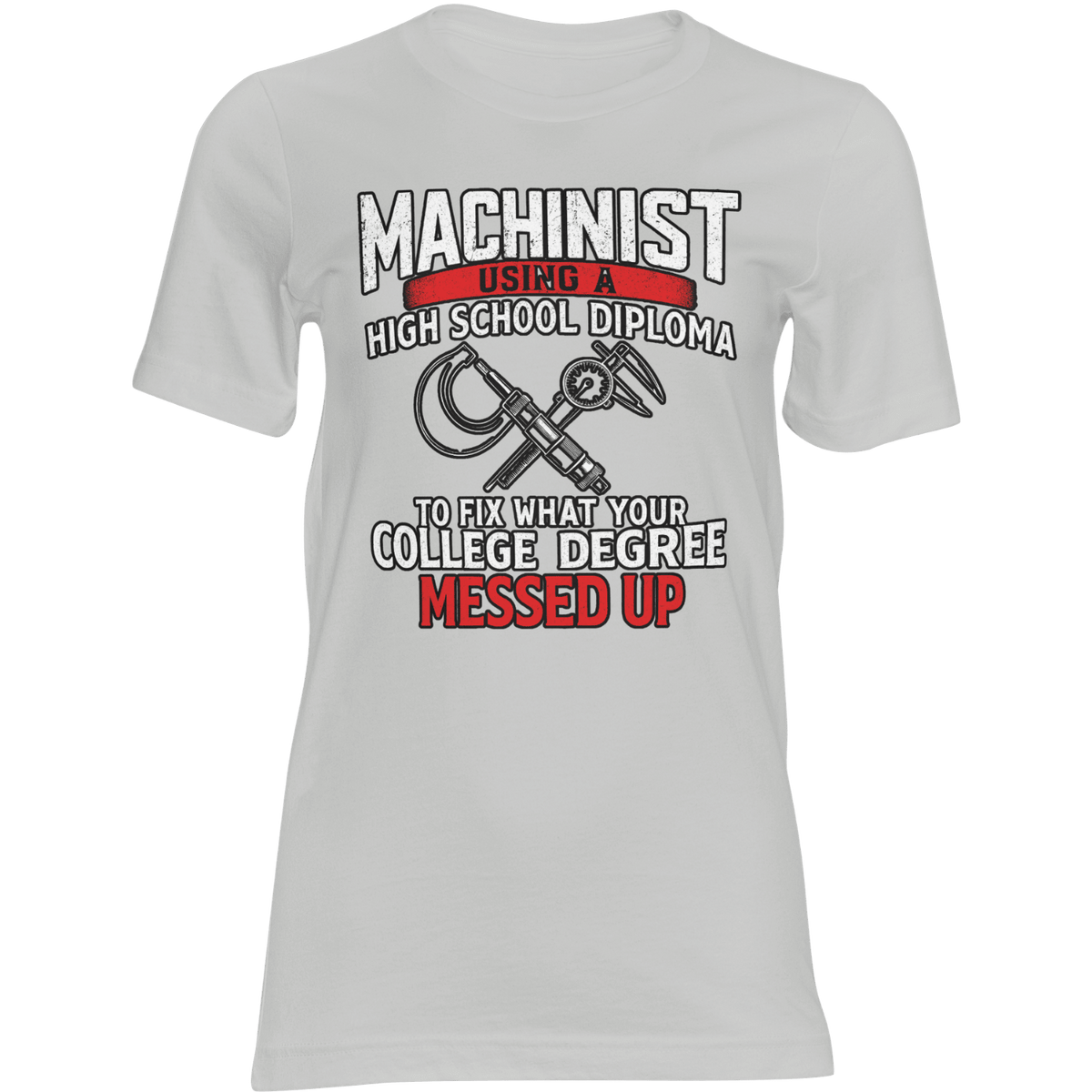 Gray t-shirt with machinist graphic and text on a green background