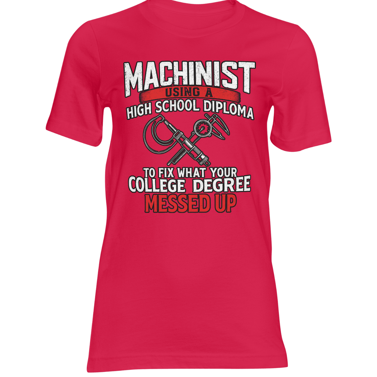 Red t-shirt with text and graphic design on a transparent background