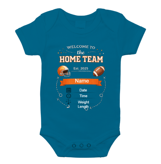 Blue baby onesie with football-themed birth announcement print featuring Home Team, name banner, and birth details.