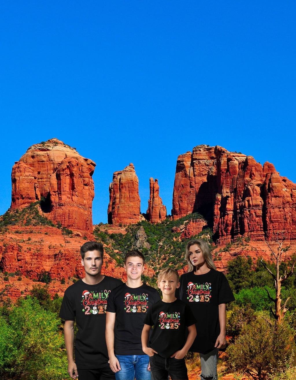 Family of five in matching 'Family Christmas 2025' shirts posing in a red rock desert canyon.