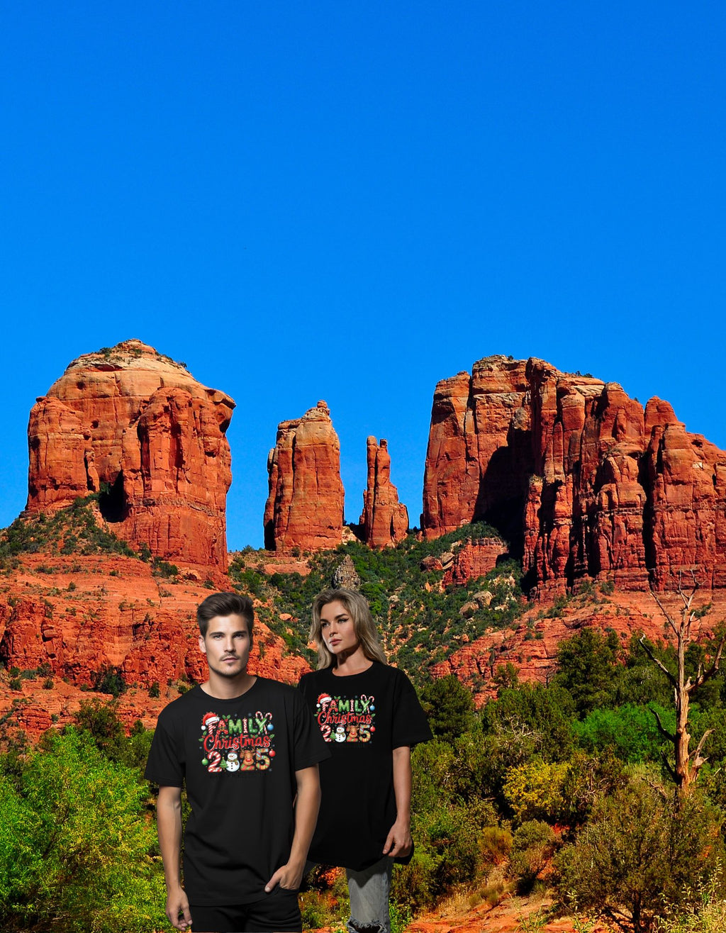 Family Christmas 2025 pictures: couple in matching black Christmas tees before red rock desert backdrop.