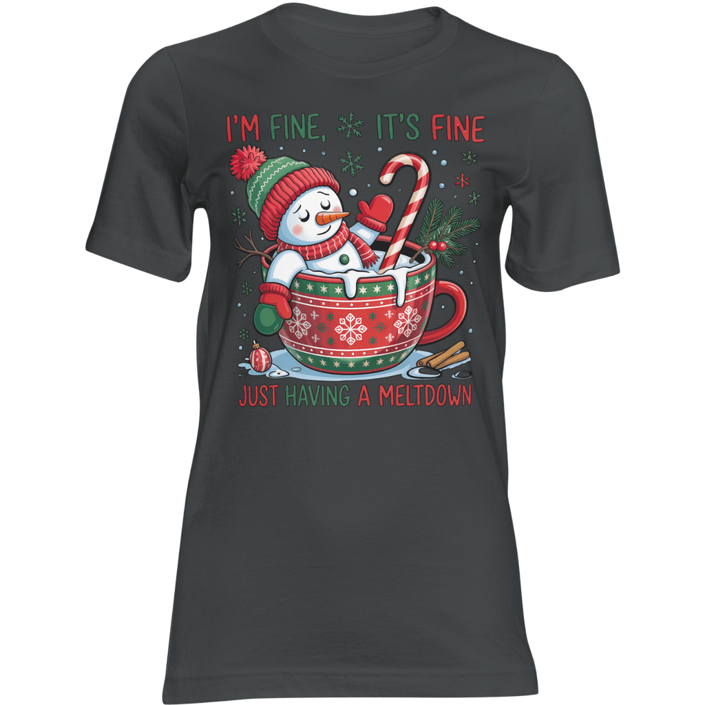 Frosty Meltdown snowman in a festive mug with candy cane on a Christmas graphic tee; text: I'm fine, it's fine.