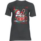 Frosty Meltdown snowman in a festive mug with candy cane on a Christmas graphic tee; text: I'm fine, it's fine.