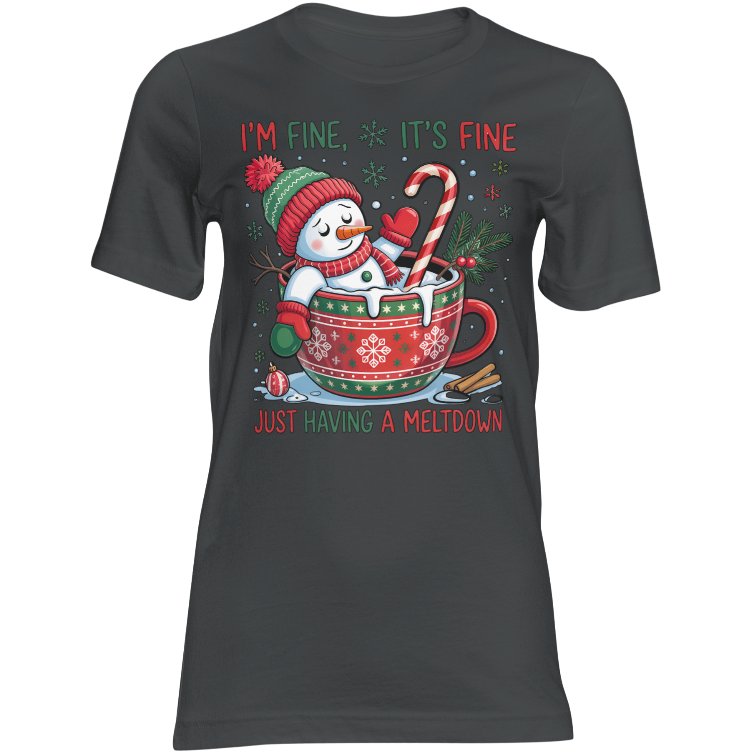 Frosty Meltdown snowman in a festive mug with candy cane on a Christmas graphic tee; text: I'm fine, it's fine.